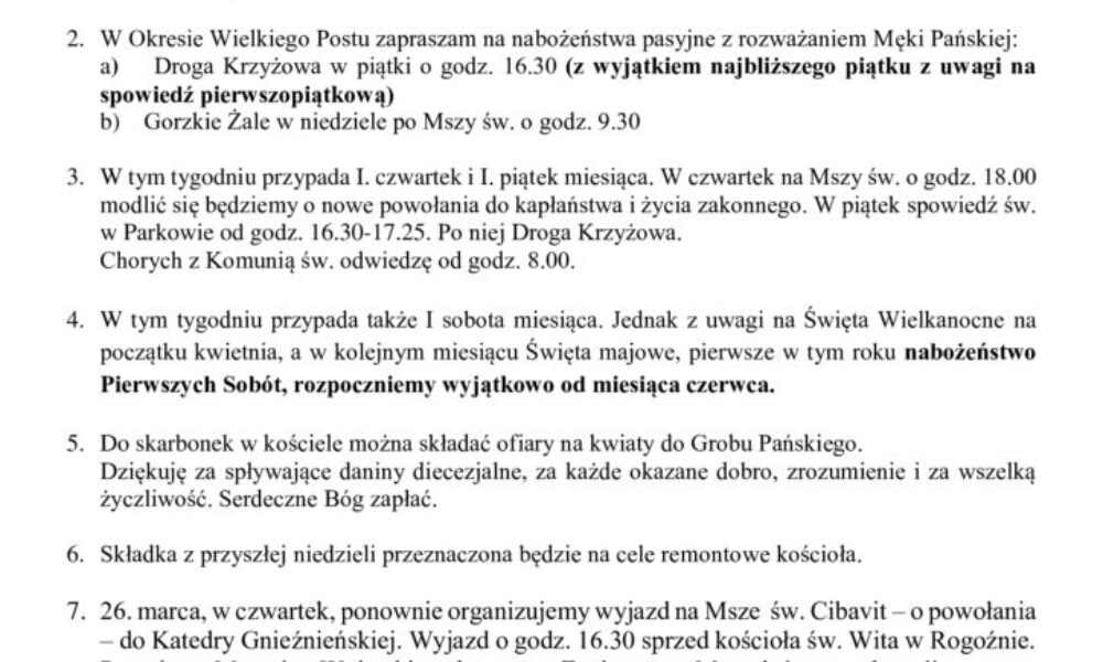 1. marca – 2. niedziela Wielkiego Postu