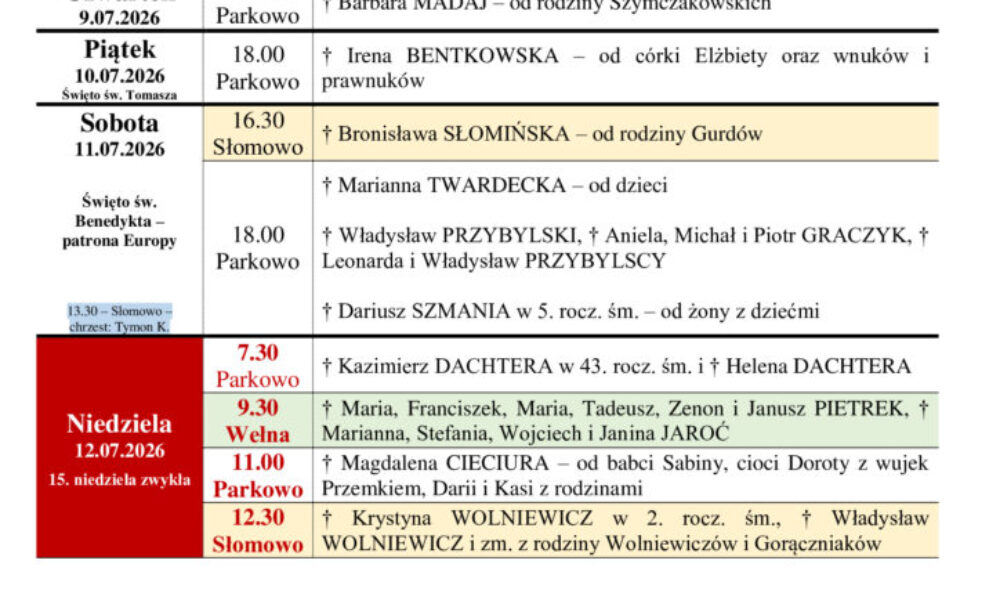 Intencje Mszalne 06.07-12.07.2026