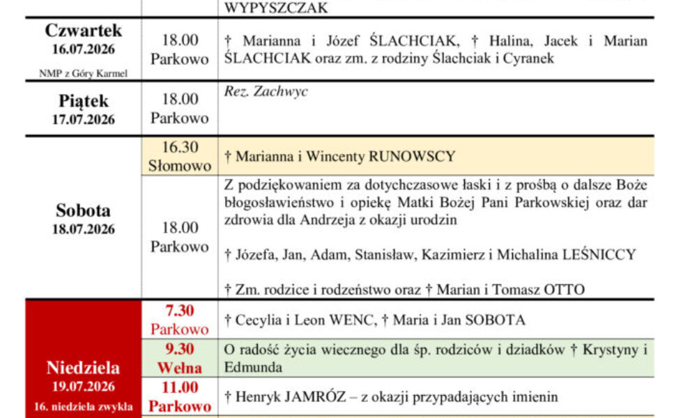 Intencje Mszalne 13.07-19.07.2026