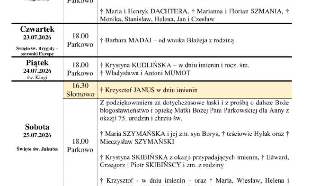 Intencje Mszalne 20.07-26.07.2026