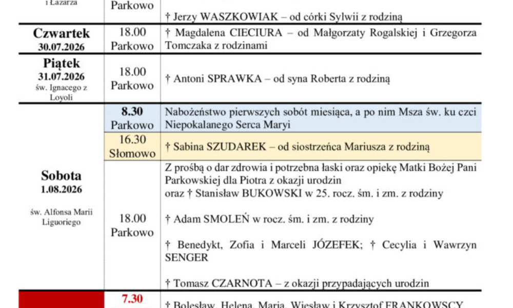 Intencje Mszalne 27.07-02.08.2026