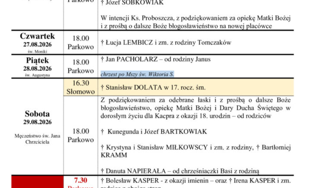 Intencje Mszalne 24.08-30.08.2026