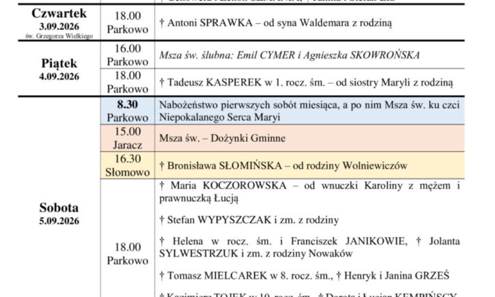 Intencje Mszalne 31.08-06.09.2026